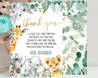 EDITABLE Safari Birthday Thank you card, Girl Wild One 1st Birthday note card, Gold Jungle Animals Printable template Instant Download