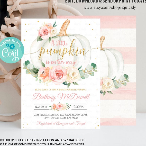 EDITABLE Pumpkin Baby Shower Invitation, Floral Pink and gold Girl little Pumpkin  Shower Invites, Fall Autumn Instant Download Template P1
