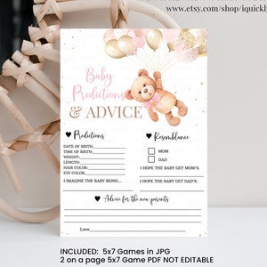 Oso de peluche Bebé Predicciones Consejo Baby Shower Juego Consejo Tarjeta Chica Rosa Ducha Juegos Globo temática Imprimible Descarga Digital Instantánea