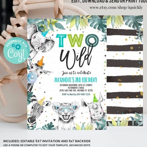 Editable Birthday Invitation Boy Two Wild Animals Invite Pink and Gold Safari Zoo Instant Download Printable Template Digital Corjl