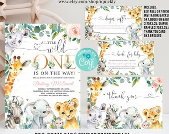 EDITABLE Wild One Safari Baby Shower Invitations Set, Girl Wild One Baby Shower Invite Bundle, Jungle Animals Template Instant Download