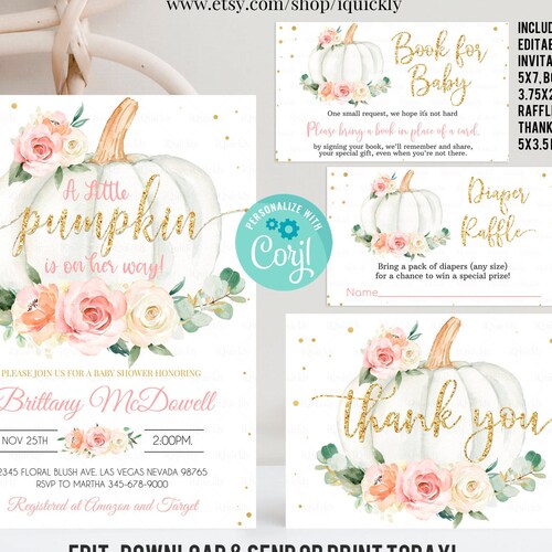 Editable Pumpkin Baby Shower Invitation Set Pink and Gold Etsy