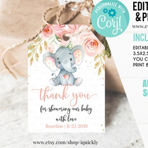EDITABLE Elephant Baby shower Favor tags, Pink gold Merci tags, Gift Tags Baby shower favorise Digital Printable Template Instant download