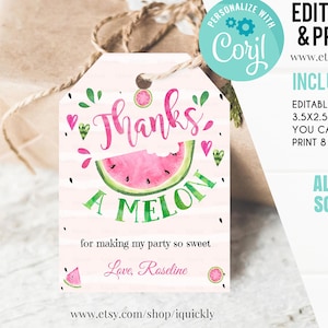 EDITABLE Watermelon favor tags, Thank you tags, Gift Tags, One in a Melon favor Printable Template, GIRL One Party favors Instant download