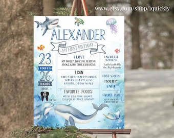 Póster de cumpleaños de hito bajo el mar EDITABLE Oneder the sea animals sign Tema oceánico 1.er cumpleaños Criaturas marinas descargar plantilla US01