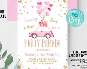 Editable Drive By Valentine Birthday Parade Invitation Drive Through Birthday Party Quarantine Birthday Social Distancing invite Download