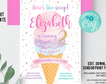 Editable Ice Cream Birthday Invitation First Birthday Party Here's the Scoop Cone Pink Mint Gold Purple Printable Template Instant download