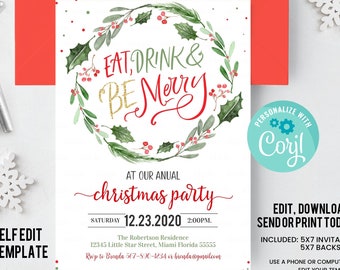 Eat Drink and Be Merry Christmas Party Invitation Holiday Party Invites Annual Holiday Party template Printable Instant download