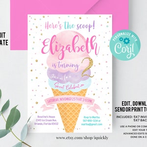 Editable Ice Cream Birthday Invitation First Birthday Party Here's the Scoop Cone Pink Mint Gold Purple Printable Template Instant download