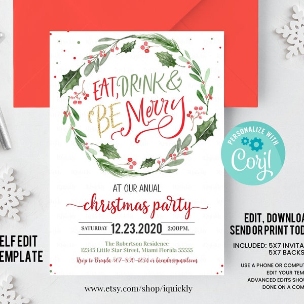 Eat Drink and Be Merry Christmas Party Invitation Holiday Party Invites Annual Holiday Party template Printable Instant download