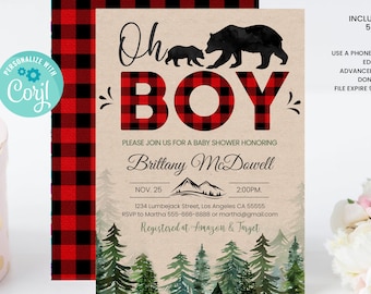 Lumberjack Baby Shower Invitation Editable, Buffalo Plaid Invite, Wilderness Bear Invitation, Rustic Boy Shower Invite, Cub Instant Download