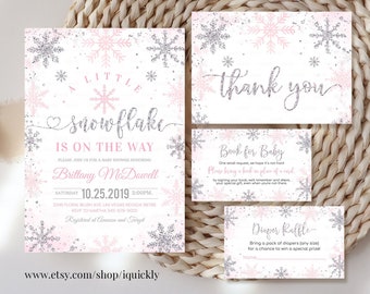 Editable Snowflake baby shower invitation Set, A little snowflake is on the way Bundle, Girl Winter, Template Printable Digital Download