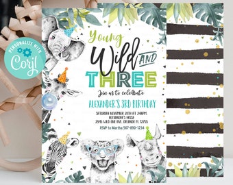 Editable Young Wild and Three Invitation Boy Safari Animals Zoo invite Jungle animals Instant Download Printable Template Digital Corjl