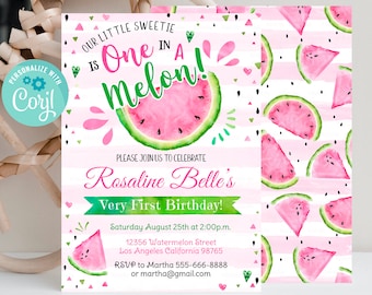 Editable Watermelon Invitation, Birthday Invitations, Pink Watermelon Party, One in a Melon, 1st Birthday Instant download Printable Digital