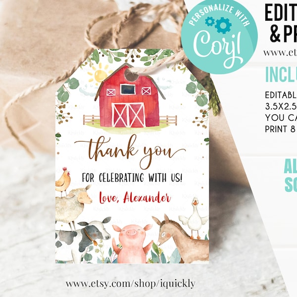 EDITABLE Farm favor tags, Thank you tags, Gift Tags, Farm animals Party favor Printable Template, Boy Party decorations Instant download