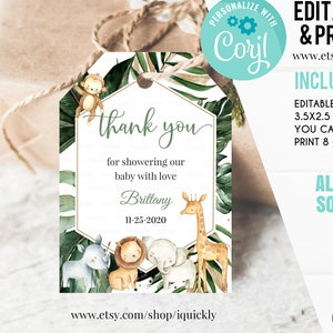 Safari Baby Shower Favor tags EDITABLE, Gender Neutral, Boy Jungle Thank you tags, A wild one Gift tags Template printable Instant download