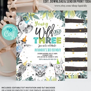 Może przedstawiać: Drukowane zaproszenie urodzinowe z napisem "Young, Wild, and Three". Projekt zawiera akwarelowe ilustracje zwierząt safari, w tym słonia, żyrafy, zebry, lwa i nosorożca. Zaproszenie zawiera szczegóły wydarzenia.