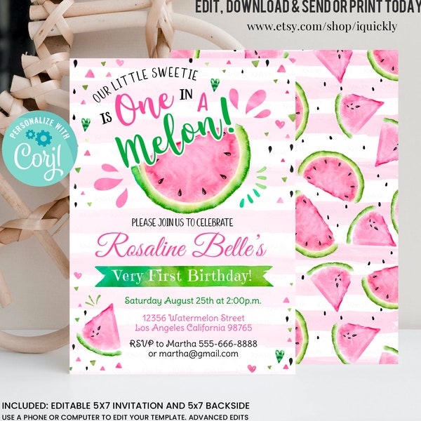 Editable Watermelon Invitation, Birthday Invitations, Pink Watermelon Party, One in a Melon, 1st Birthday Instant download Printable Digital