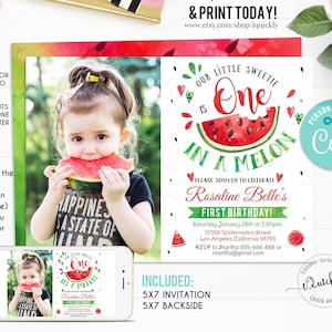 Watermelon Invitation, EDITABLE Birthday Invitations, Red Watermelon Party, One in a Melon, 1st Birthday Instant download Printable Digital