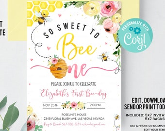 Bearbeitbare Biene Geburtstagseinladung Honigbiene Geburtstagsparty Biene 1. Geburtstag So Sweet To Bee One Party Biene-Tag 1. Geburtstag Instant download