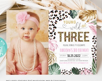 Editable Young Wild And Three Leopard Print Jungle Birthday Party Invitation Leopard Print Wild And Three Birthday Party Template Digital