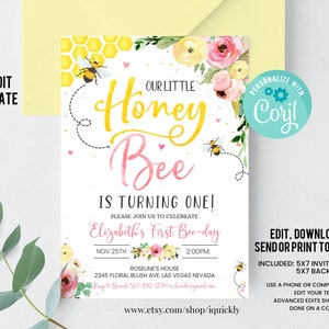 Editable Bee Birthday Invitation Honey Bee Birthday Party Bee 1st Birthday Bumble Bee theme Invites Printable template Instant download