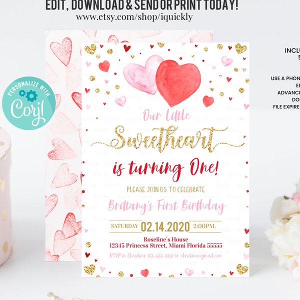 Editable Valentine Birthday Invitation Valentine Party Invitation Sweetheart First Birthday Invite 1st Heart Valentines Day Instant Download