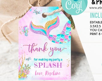 Editable Mermaid Birthday Favor tags, Mermaid Thank you tags, Under the Sea Gift tags, Printable template Digital Instant Download M1