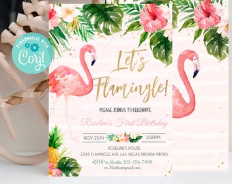 Bewerkbare Flamingo verjaardagsfeestje uitnodiging sjabloon, tropische verjaardag aquarel uitnodigen, 1e verjaardag zomer afdrukbare digitaal