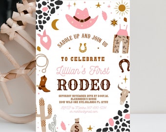 Redigerbar Min första rodeoinbjudan Cowgirl-födelsedagsinbjudan Vilda västern Cowgirl 1:a rodeo Southwestern Ranch-mall Direktnedladdning R103