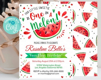 Editable Watermelon Invitation, Birthday Invitations, Red Watermelon Party, One in a Melon, 1st Birthday Instant download Printable Digital