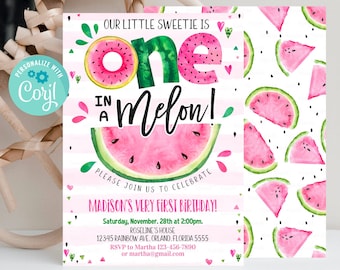 Editable Watermelon Invitation Birthday Invitations Pink Watermelon Party One in a Melon 1st Birthday Instant download Printable Digital WM3