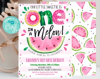 Bearbeitbare Wassermelone Einladung Geburtstagseinladungen Rosa Wassermelone Party Eins in einer Melone 1