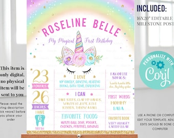 Cartel del primer cumpleaños del unicornio, cartel de cumpleaños editable del hito del arco iris, cartel del primer año, descarga del cartel de pizarra, plantilla imprimible