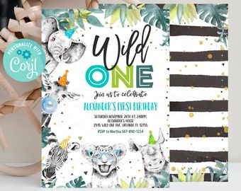 Editable Party Animals Birthday Invitation Wild One Animals Invitation Zoo Safari Animals Boy Download Printable Invite Template Corjl