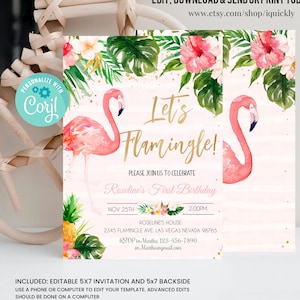 Editable Flamingo Birthday Party Invitation Template,Tropical Birthday Watercolor Invite, 1st Birthday Summer Printable Digital