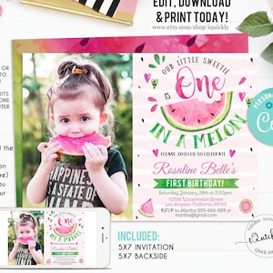 Editable Watermelon Invitation, One in a Melon First Birthday invitations, Pink Watermelon Party invite Instant download Printable digital 2