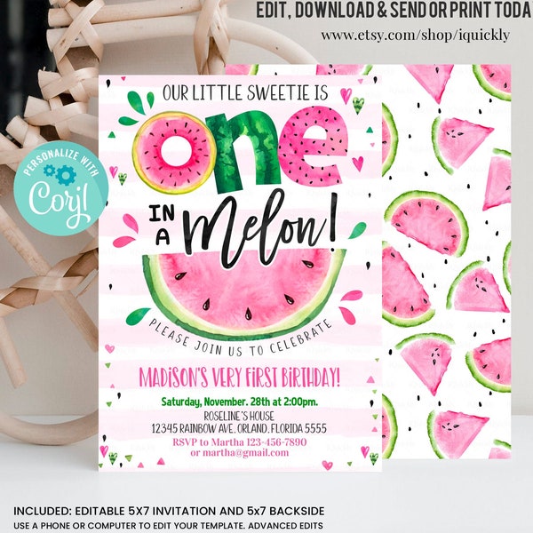 Editable Watermelon Invitation Birthday Invitations Pink Watermelon Party One in a Melon 1st Birthday Instant download Printable Digital WM3