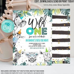 Bewerkbare feestdieren verjaardagsuitnodiging Wilde dieren uitnodiging Dierentuin Safari Dieren Jongen Download afdrukbare uitnodigingssjabloon Corjl