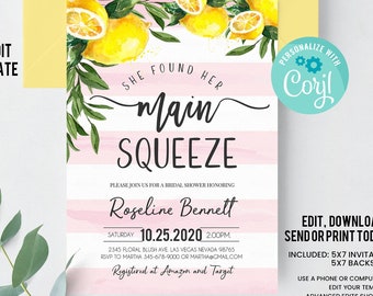 Editable She Found Her Main Squeeze Bridal Shower Invitation, Lemon Citrus Watercolor Invite, Summer Printable Template Instant Download