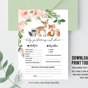 Woodland Baby voorspellingen en advies baby shower spel, meisje Wooldand dieren advies kaart, rustieke douche games afdrukbare Instant Download