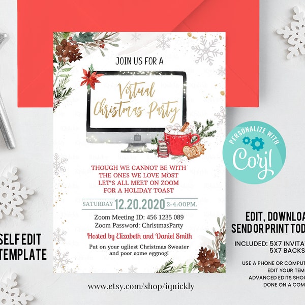 Editable Virtual Christmas Party Invitation Christmas Toast Zoom Invite Quarantine Social Distancing Laptop Printable Template Download