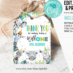 Editable Party Animals Favor Tags Wild One Animals Thank You Tags Safari Zoo Boy Birthday Wild Time Gift Tag Digital Corjl Template