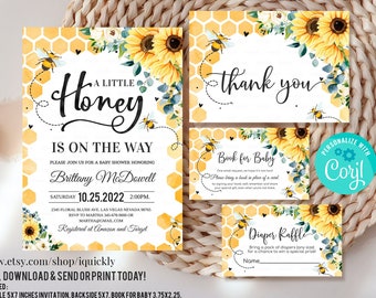 Edytowalny zestaw zaproszeń na baby shower z motywem pszczół, słonecznik, neutralny pod względem płci, pakiet zaproszeń z małym miodem, szablon do wydrukowania, natychmiastowe pobranie