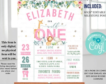 Wild One Milestone Birthday Poster, EDITABLE Safari First Birthday Chalkboard sign, Jungle 1st birthday poster Instant download template