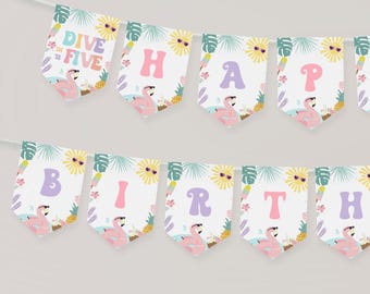 EDITABLE Pool party Banner Birthday Dive into Five Tropical Splish Splash Girl Printable 1st bunting banner  Template Digital download PP303