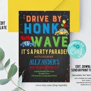 Editable Drive By Birthday Parade Invitation, Drive By Kids Birthday Party Digital Invite Honk Wave Car Parade Quarantine Social Distancing