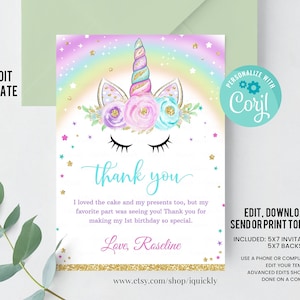 BEWERKBARE Unicorn Bedankkaart, magische eenhoorn eerste verjaardagskaart, afdrukbare 1e verjaardag uitnodigen sjabloon, meisje, Instant download
