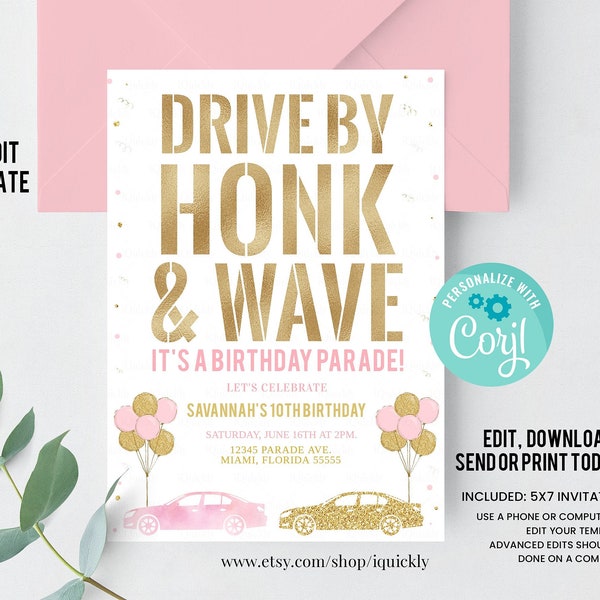 Editable Drive By Birthday Parade Invitation Drive By adult Birthday Party Invite Drive Through Honk Wave Car Parade Quarantine party