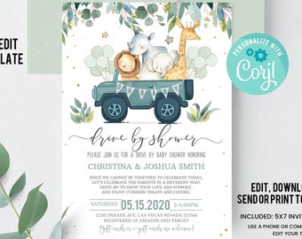 Editable Drive By Baby Shower Invitation Safari Animal Drive Through Baby Shower Invite Social Distancing Drive Thru Shower Instant Download